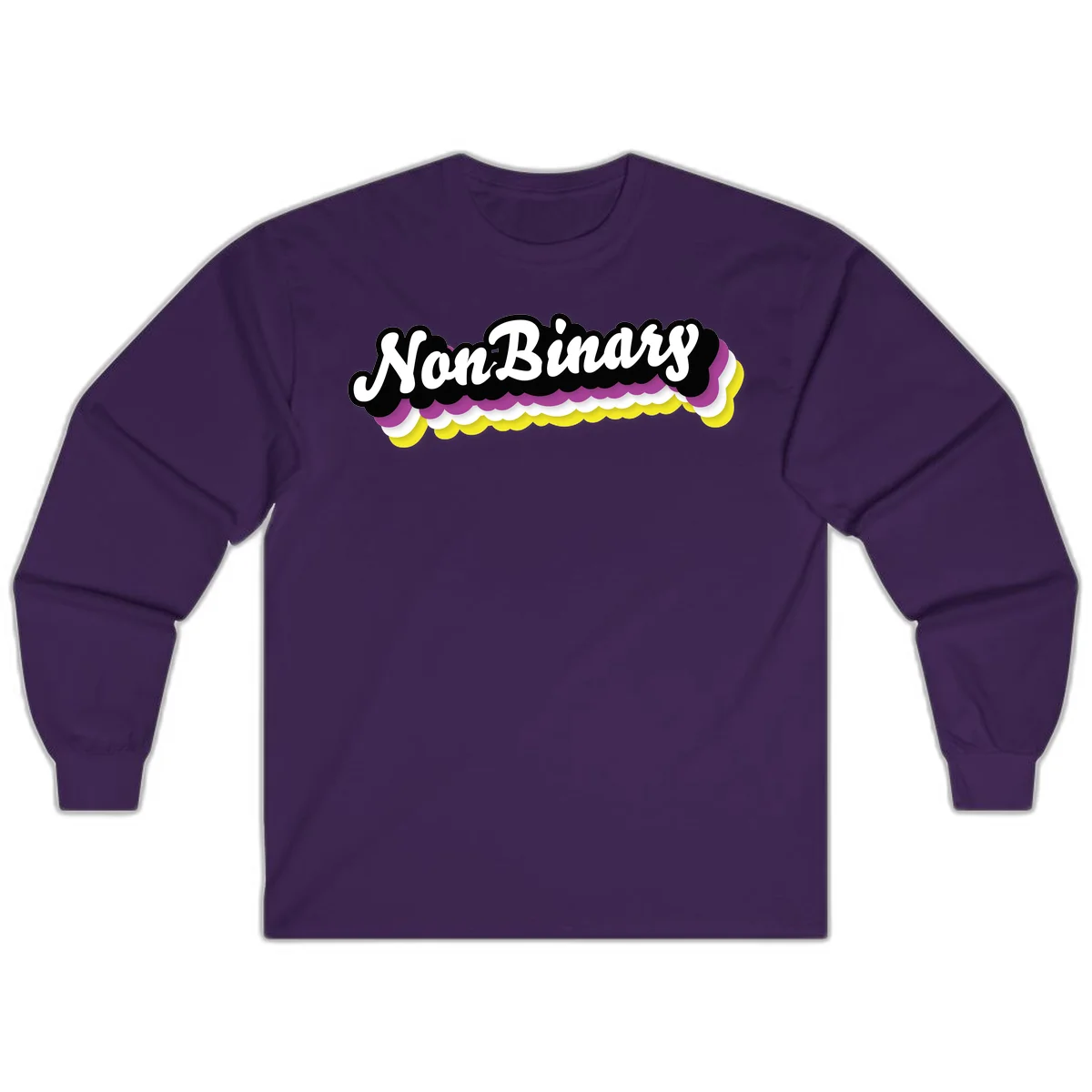Nonbinary pride design with white script text on layered purple, white, and yellow cloud shapes in Purple
