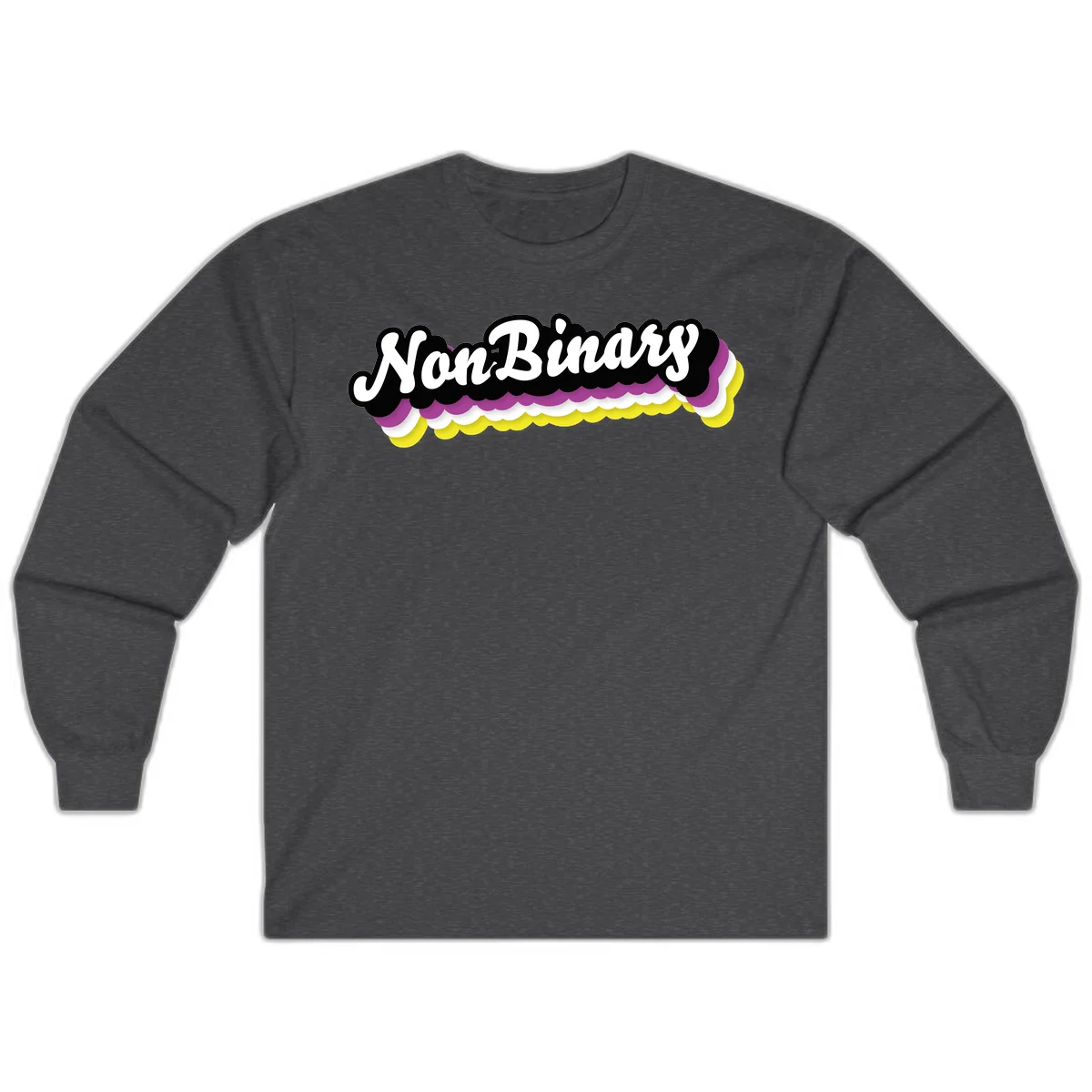 Nonbinary pride design with white script text on layered purple, white, and yellow cloud shapes in Dark Heather