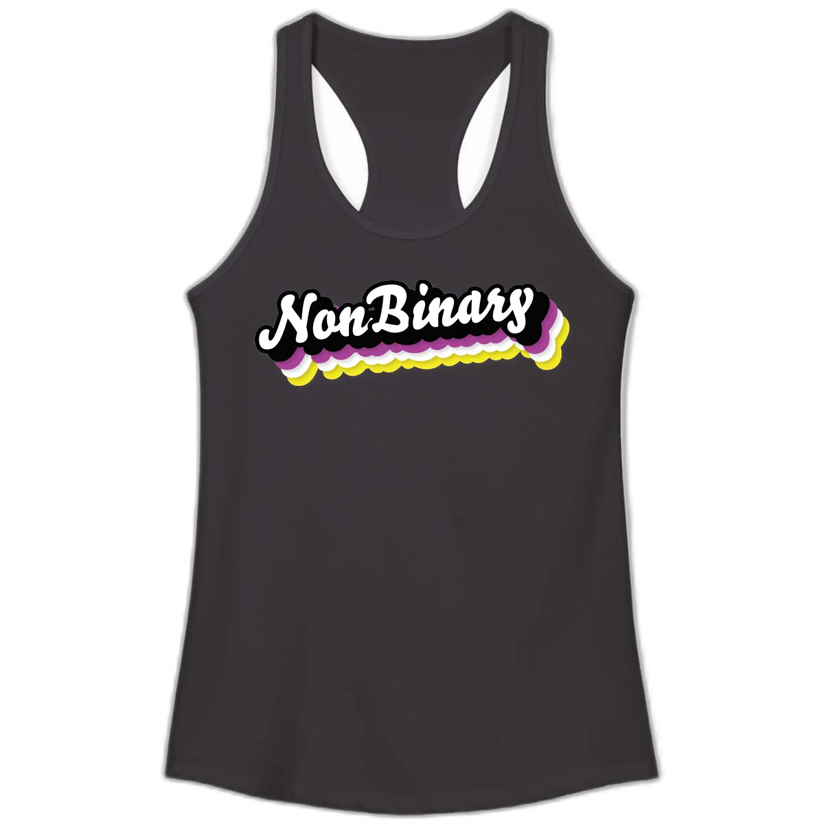 Nonbinary pride design with white script text on layered purple, white, and yellow cloud shapes in Black