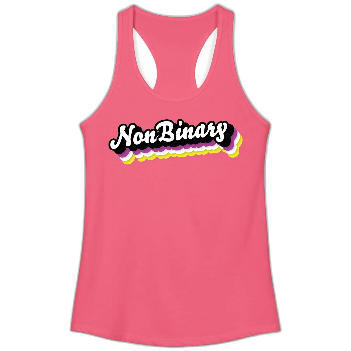 Nonbinary pride design with white script text on layered purple, white, and yellow cloud shapes in Hot Pink