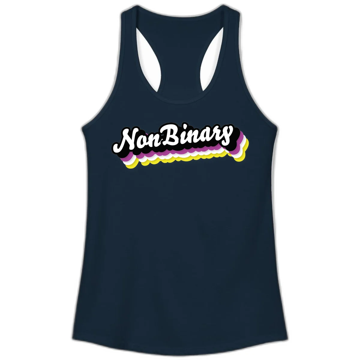 Nonbinary pride design with white script text on layered purple, white, and yellow cloud shapes in Solid Midnight Navy