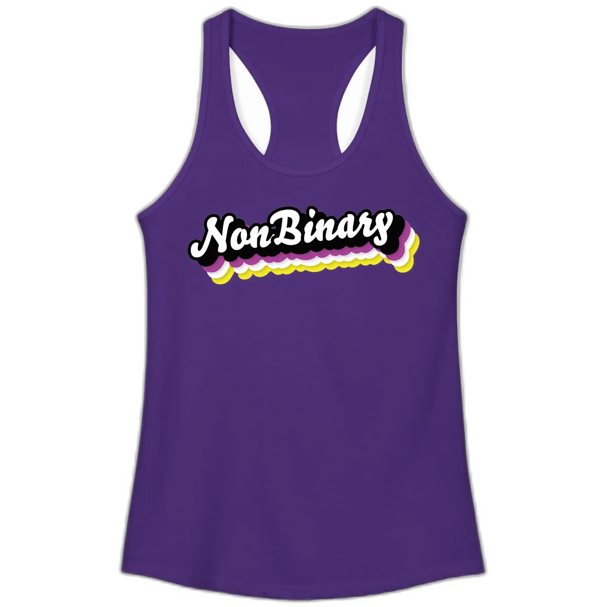 Nonbinary pride design with white script text on layered purple, white, and yellow cloud shapes in Solid Purple Rush