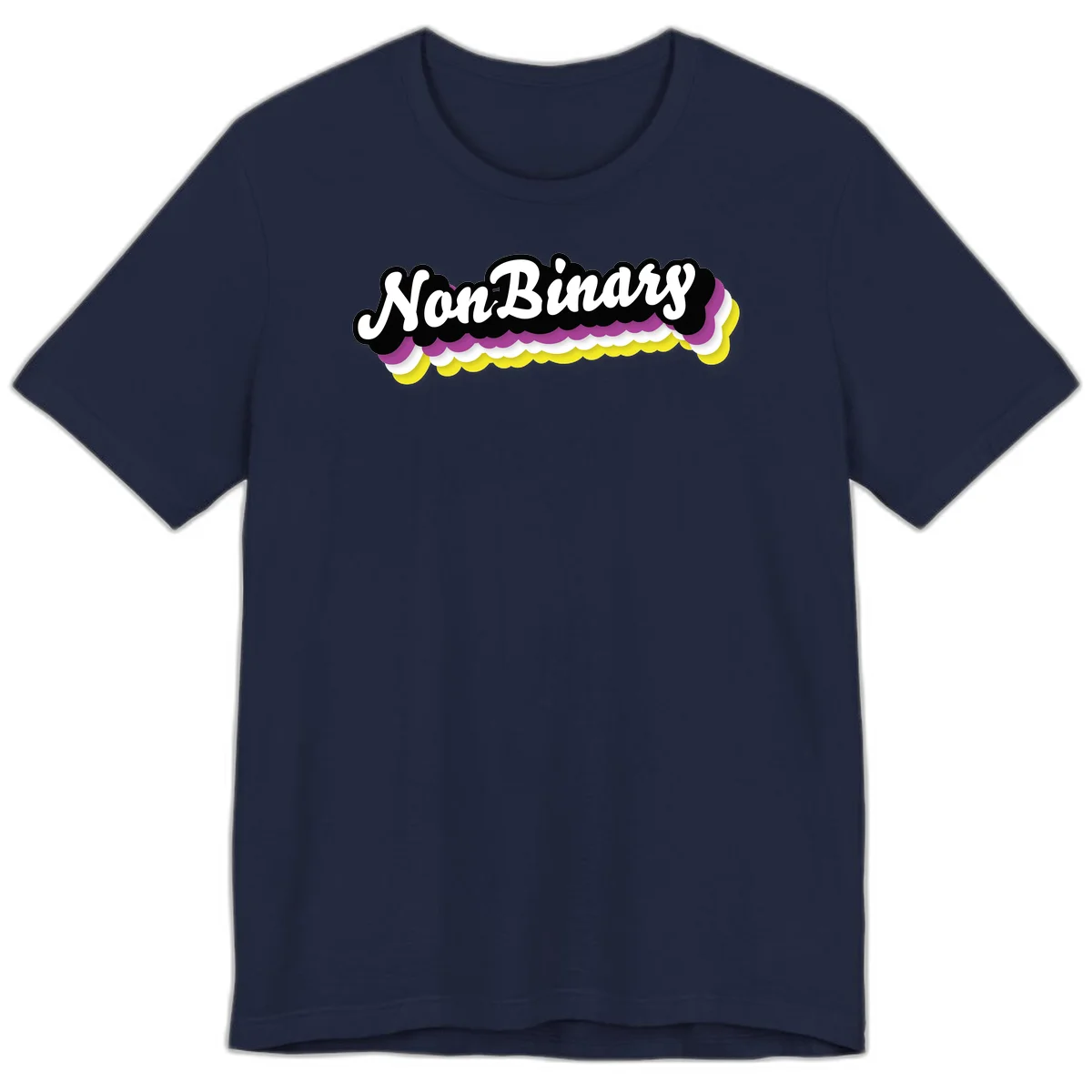 Nonbinary pride design with white script text on layered purple, white, and yellow cloud shapes in Navy