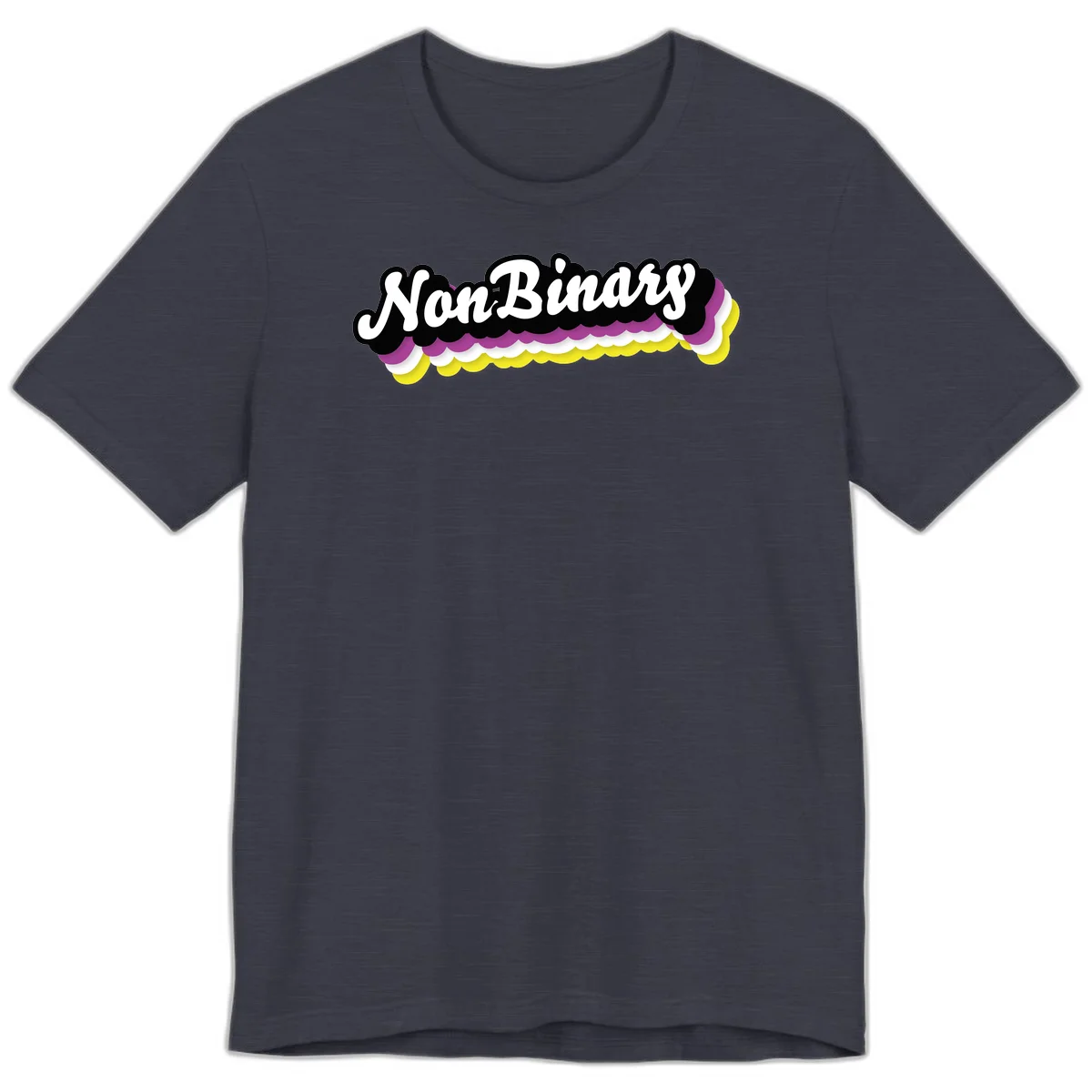 Nonbinary pride design with white script text on layered purple, white, and yellow cloud shapes in Heather Midnight Navy