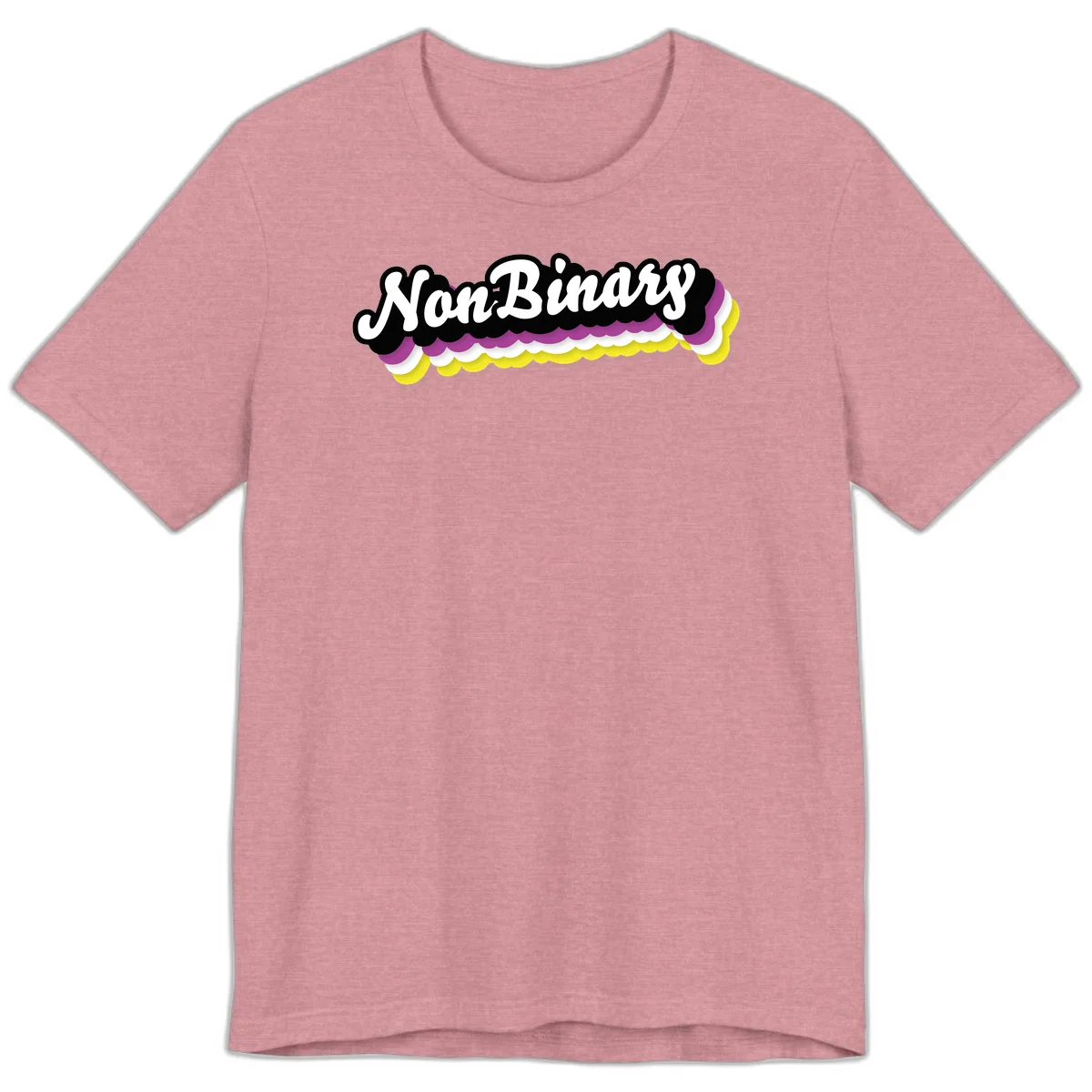 Nonbinary pride design with white script text on layered purple, white, and yellow cloud shapes in Heather Orchid