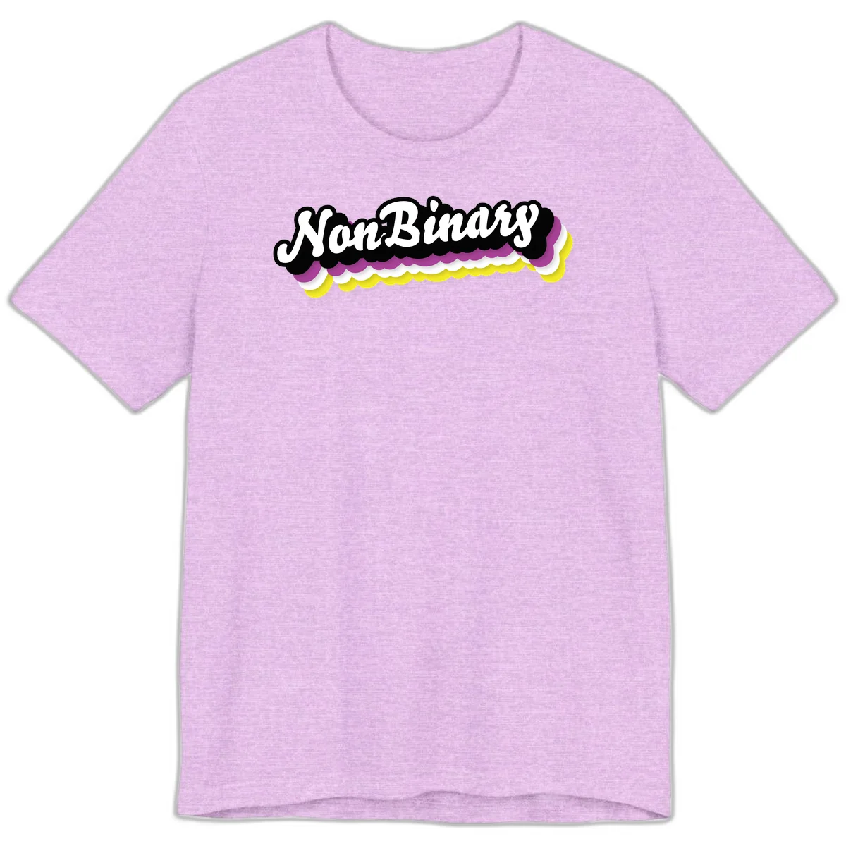Nonbinary pride design with white script text on layered purple, white, and yellow cloud shapes in Heather Prism Lilac