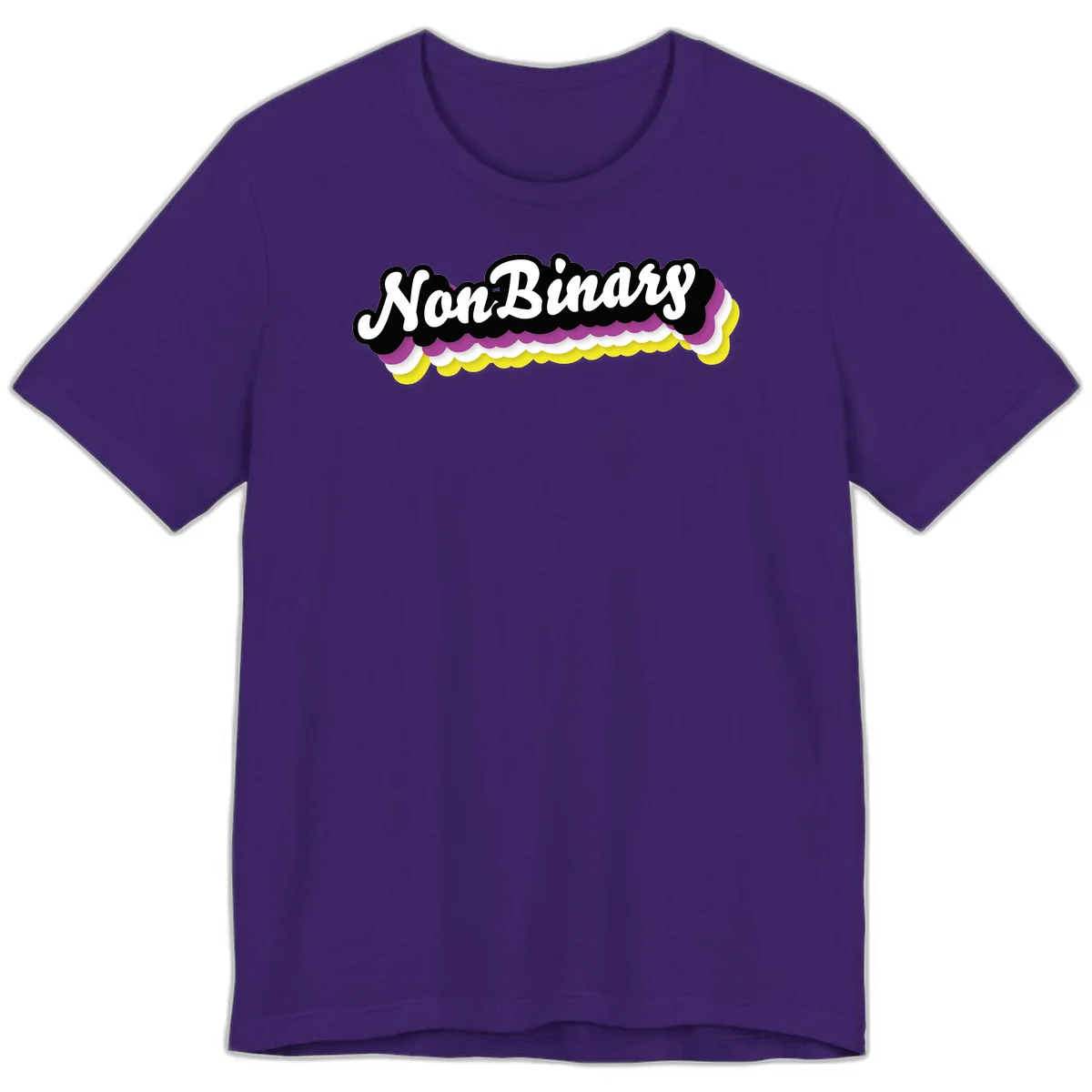 Nonbinary pride design with white script text on layered purple, white, and yellow cloud shapes in Team Purple