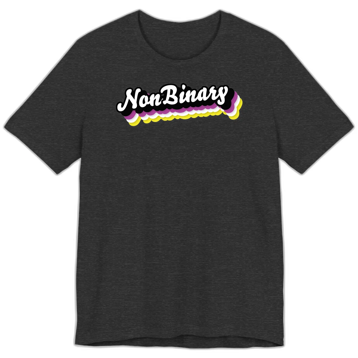 Nonbinary pride design with white script text on layered purple, white, and yellow cloud shapes in Dark Grey Heather