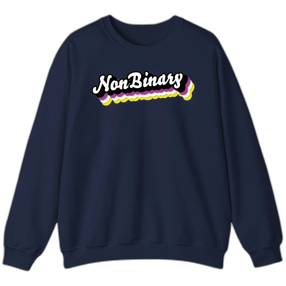 Nonbinary pride design with white script text on layered purple, white, and yellow cloud shapes in Navy