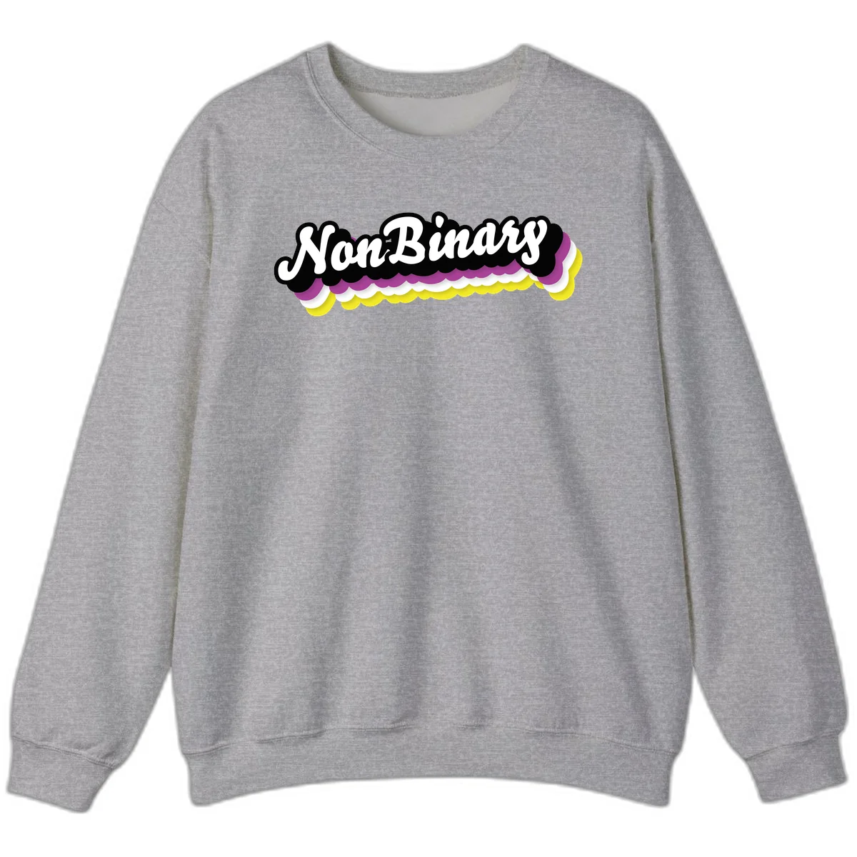 Nonbinary pride design with white script text on layered purple, white, and yellow cloud shapes in Sport Grey