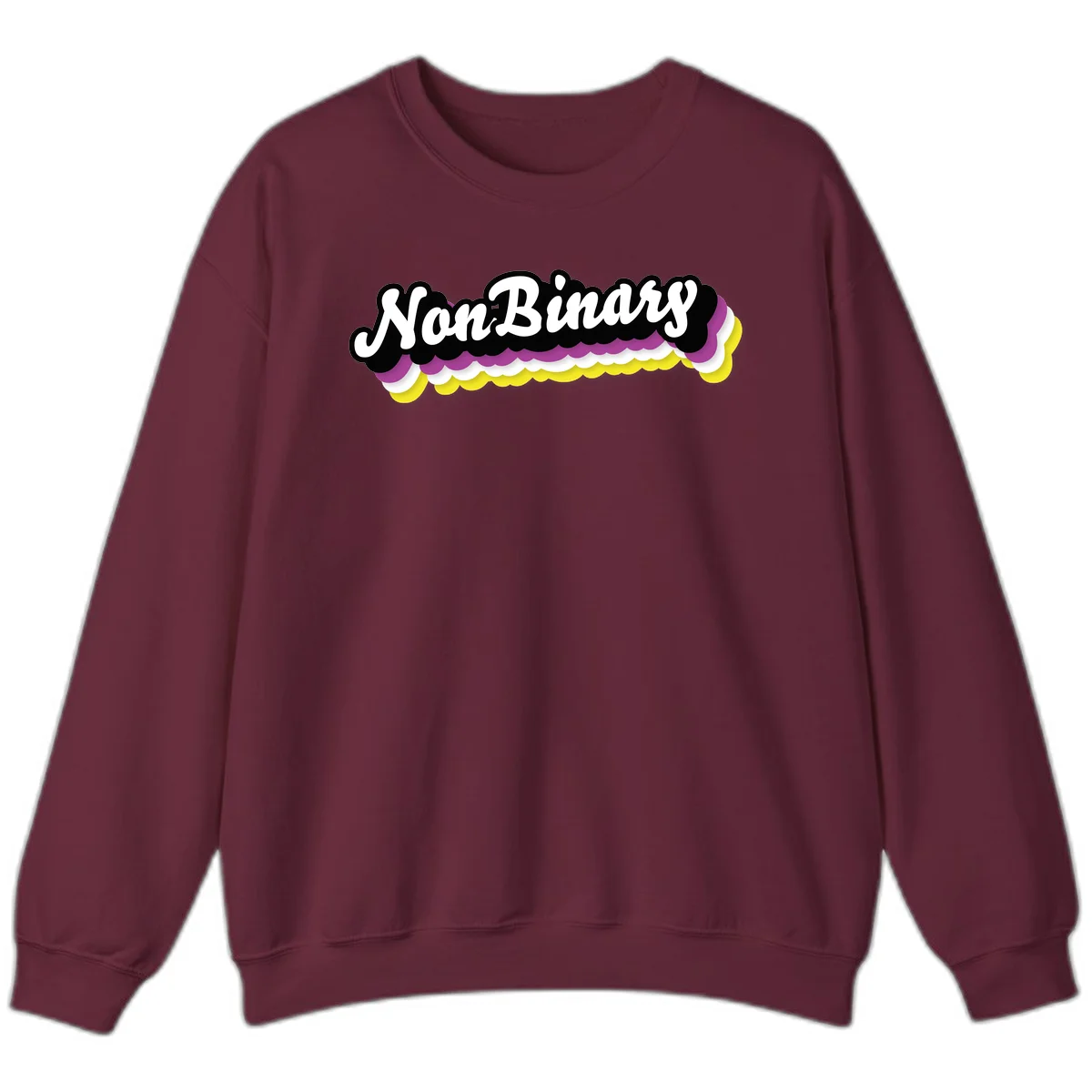 Nonbinary pride design with white script text on layered purple, white, and yellow cloud shapes in Maroon