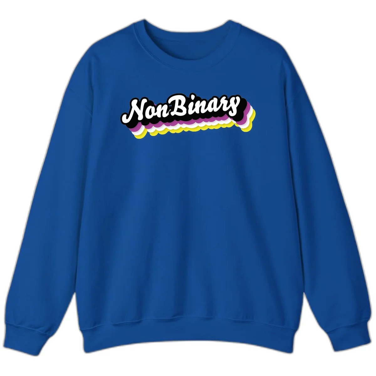 Nonbinary pride design with white script text on layered purple, white, and yellow cloud shapes in Royal