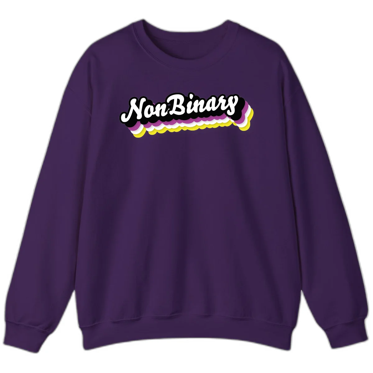 Nonbinary pride design with white script text on layered purple, white, and yellow cloud shapes in Purple