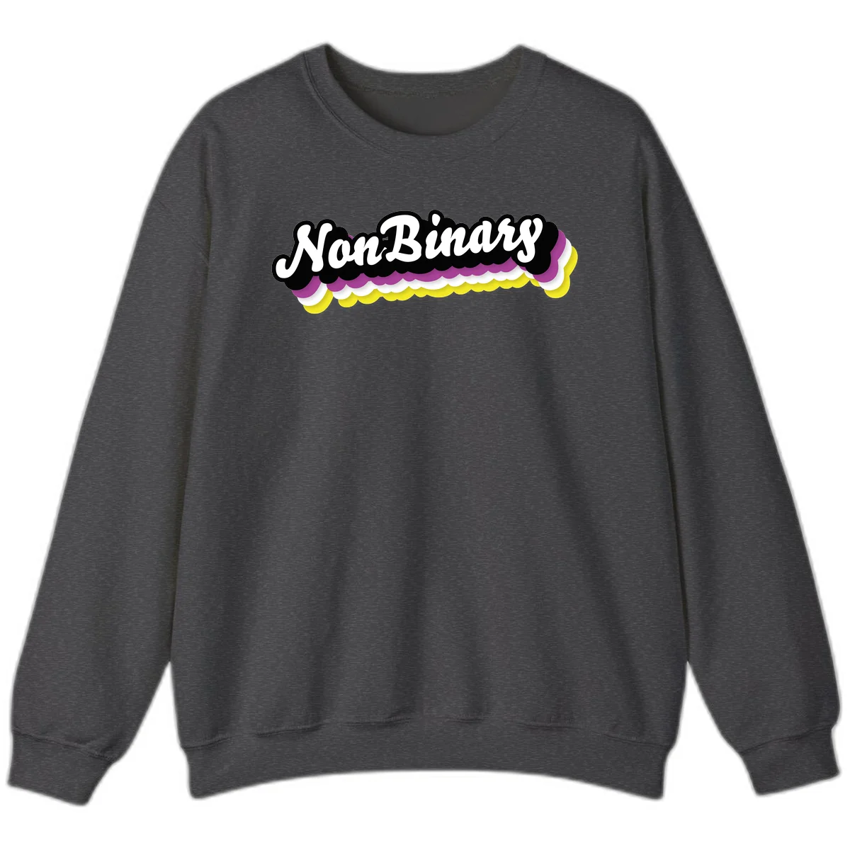 Nonbinary pride design with white script text on layered purple, white, and yellow cloud shapes in Dark Heather