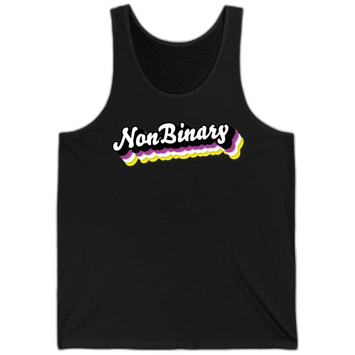 Nonbinary pride design with white script text on layered purple, white, and yellow cloud shapes in Black