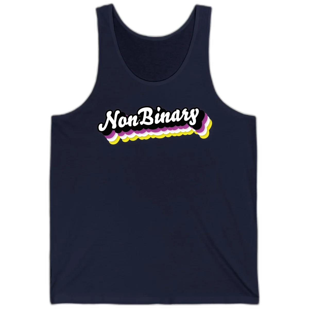 Nonbinary pride design with white script text on layered purple, white, and yellow cloud shapes in Navy