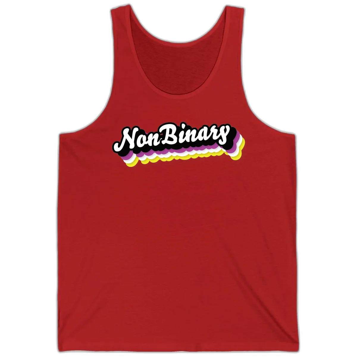 Nonbinary pride design with white script text on layered purple, white, and yellow cloud shapes in Red