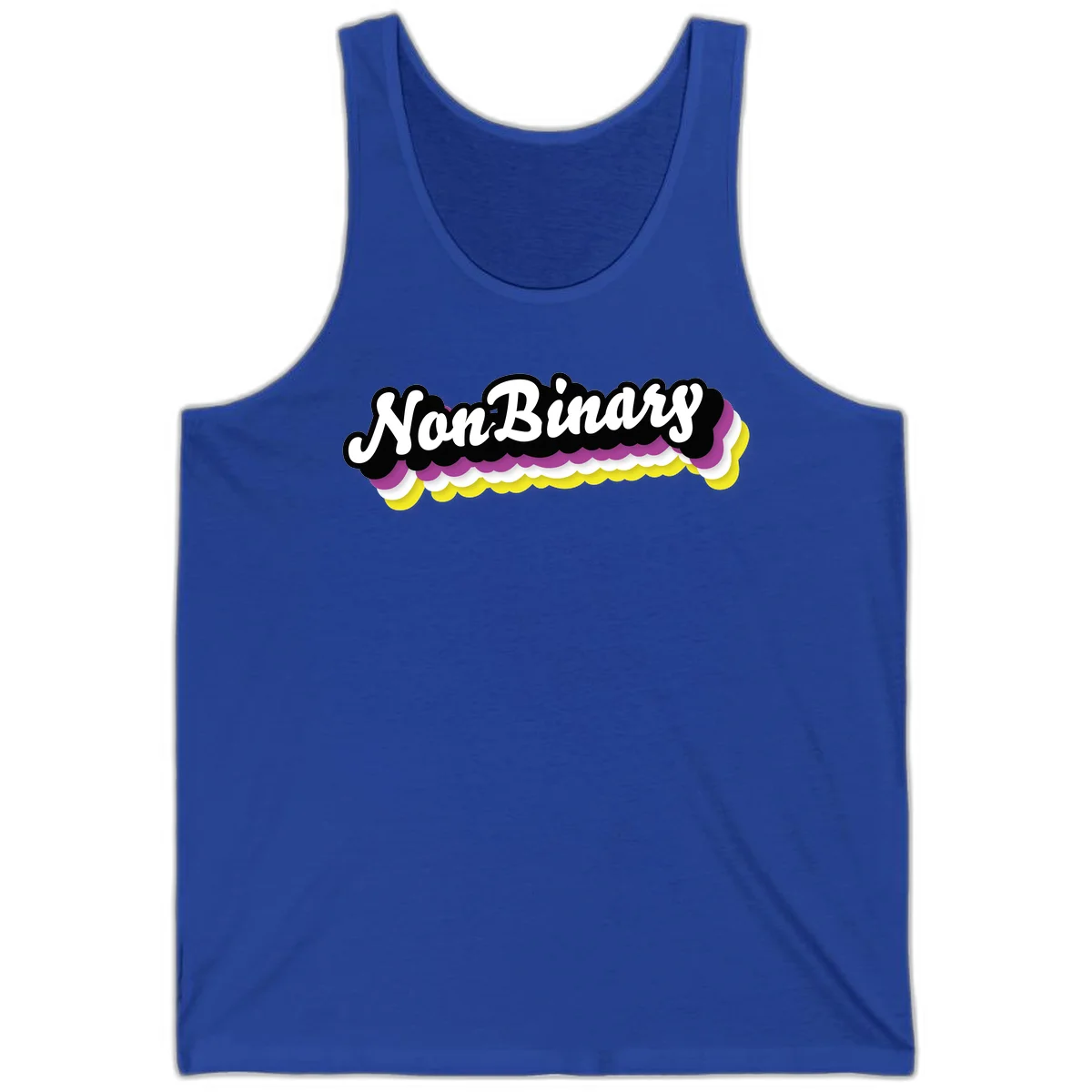 Nonbinary pride design with white script text on layered purple, white, and yellow cloud shapes in True Royal