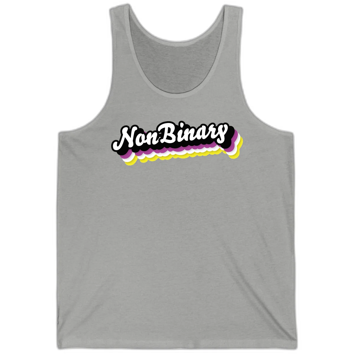Nonbinary pride design with white script text on layered purple, white, and yellow cloud shapes in Athletic Heather