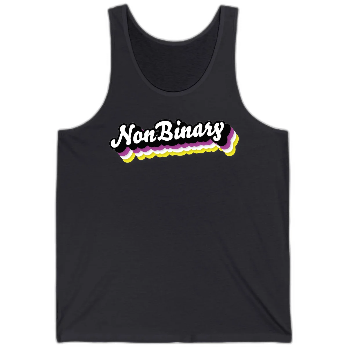 Nonbinary pride design with white script text on layered purple, white, and yellow cloud shapes in Dark Grey