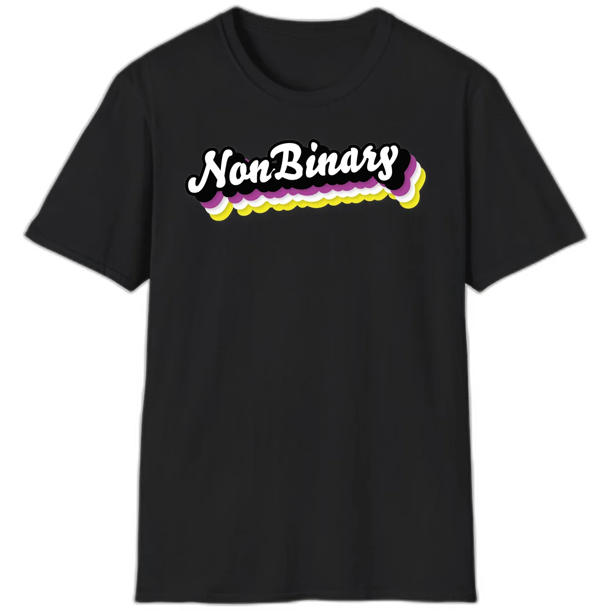 Nonbinary pride design with white script text on layered purple, white, and yellow cloud shapes in Black