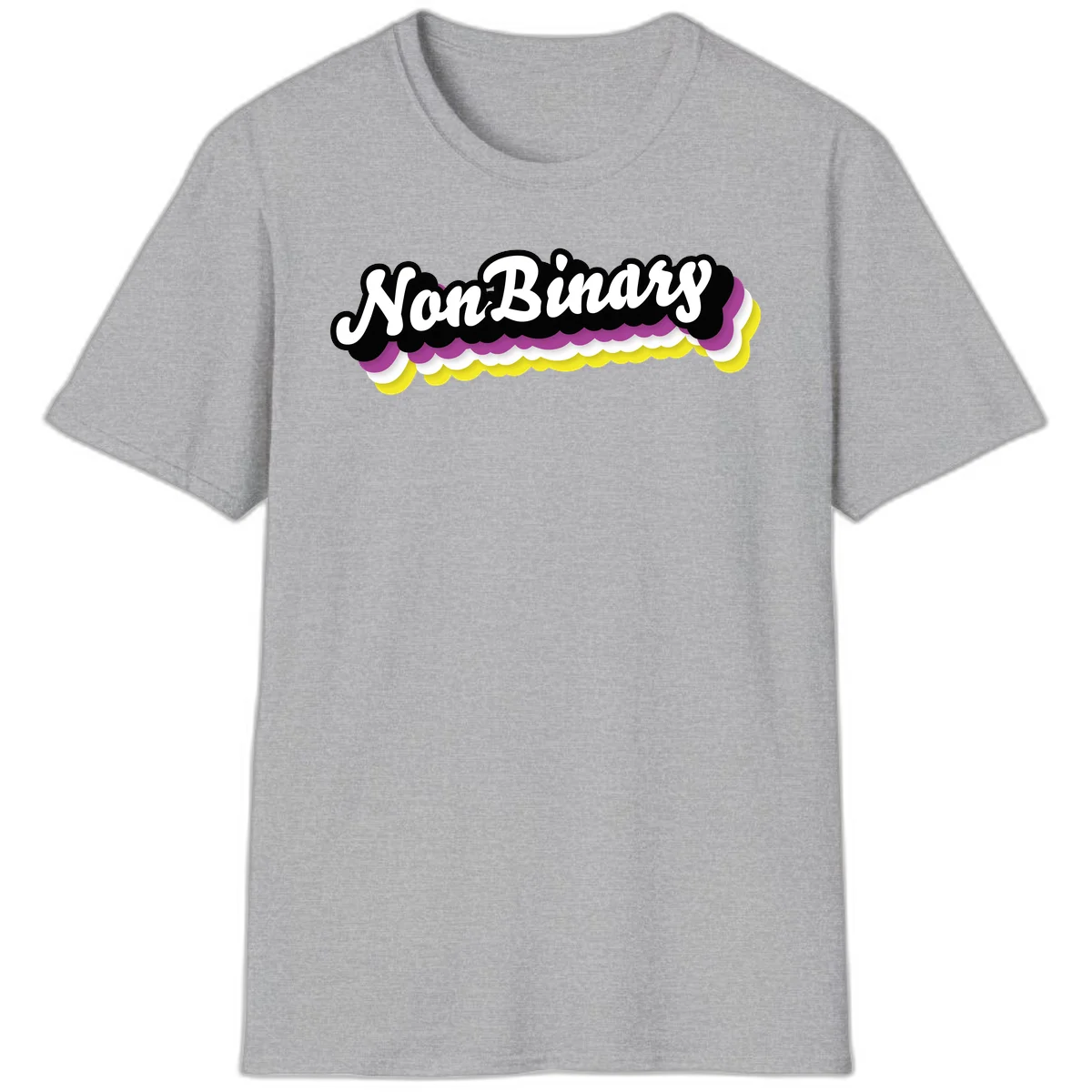 Nonbinary pride design with white script text on layered purple, white, and yellow cloud shapes in Sport Grey