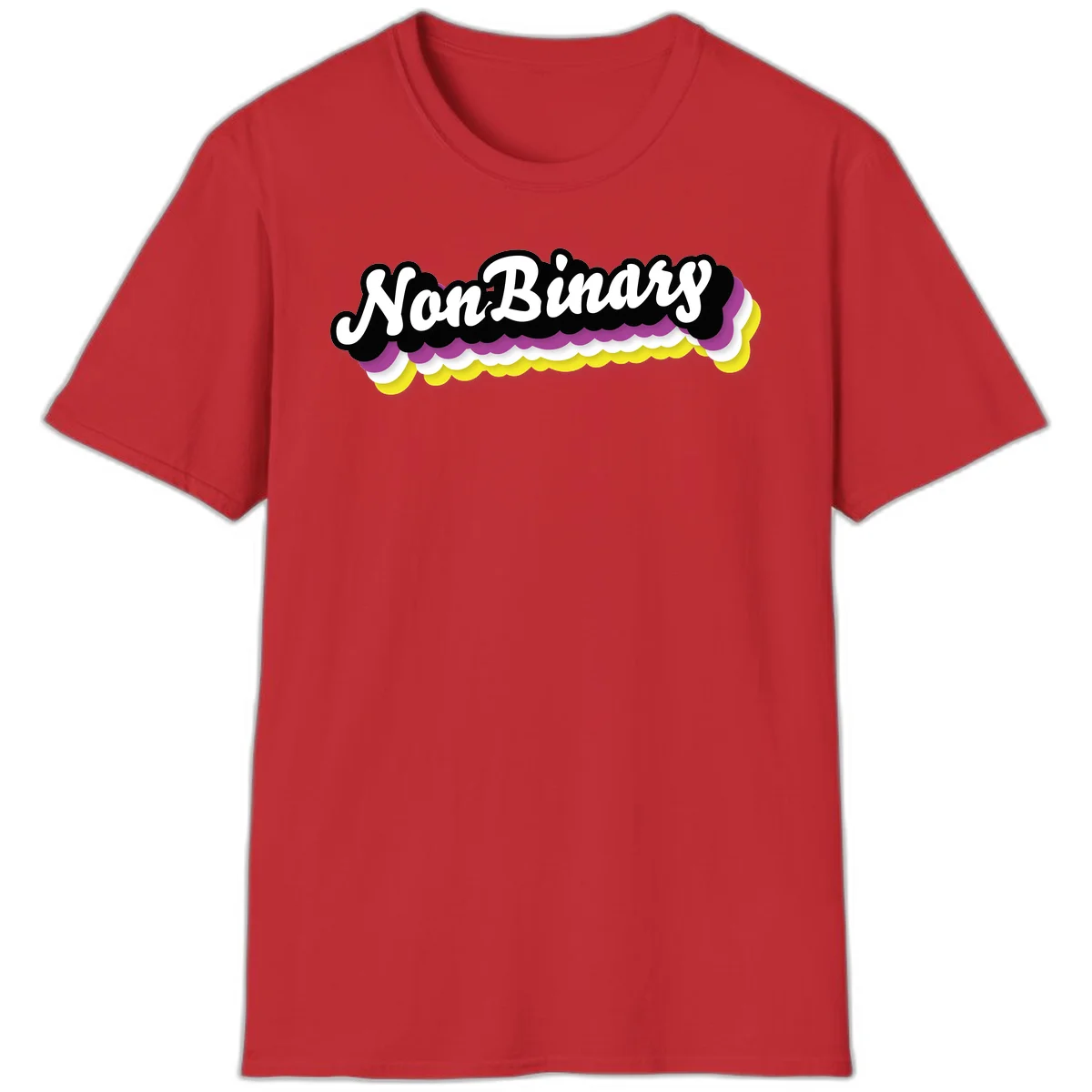 Nonbinary pride design with white script text on layered purple, white, and yellow cloud shapes in Red