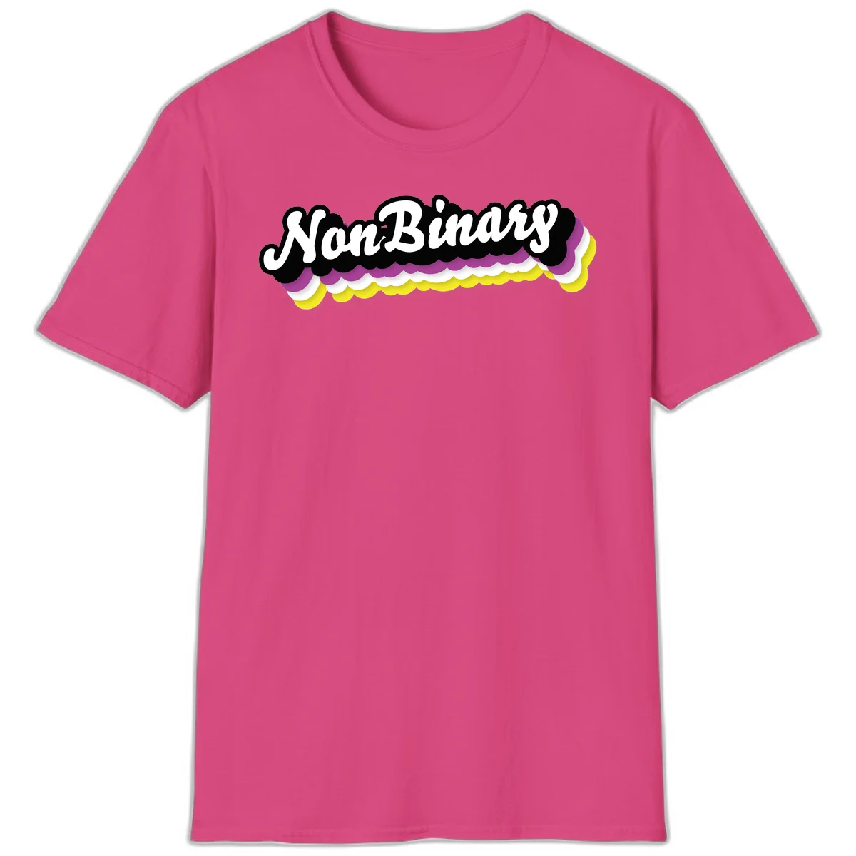 Nonbinary pride design with white script text on layered purple, white, and yellow cloud shapes in Heliconia