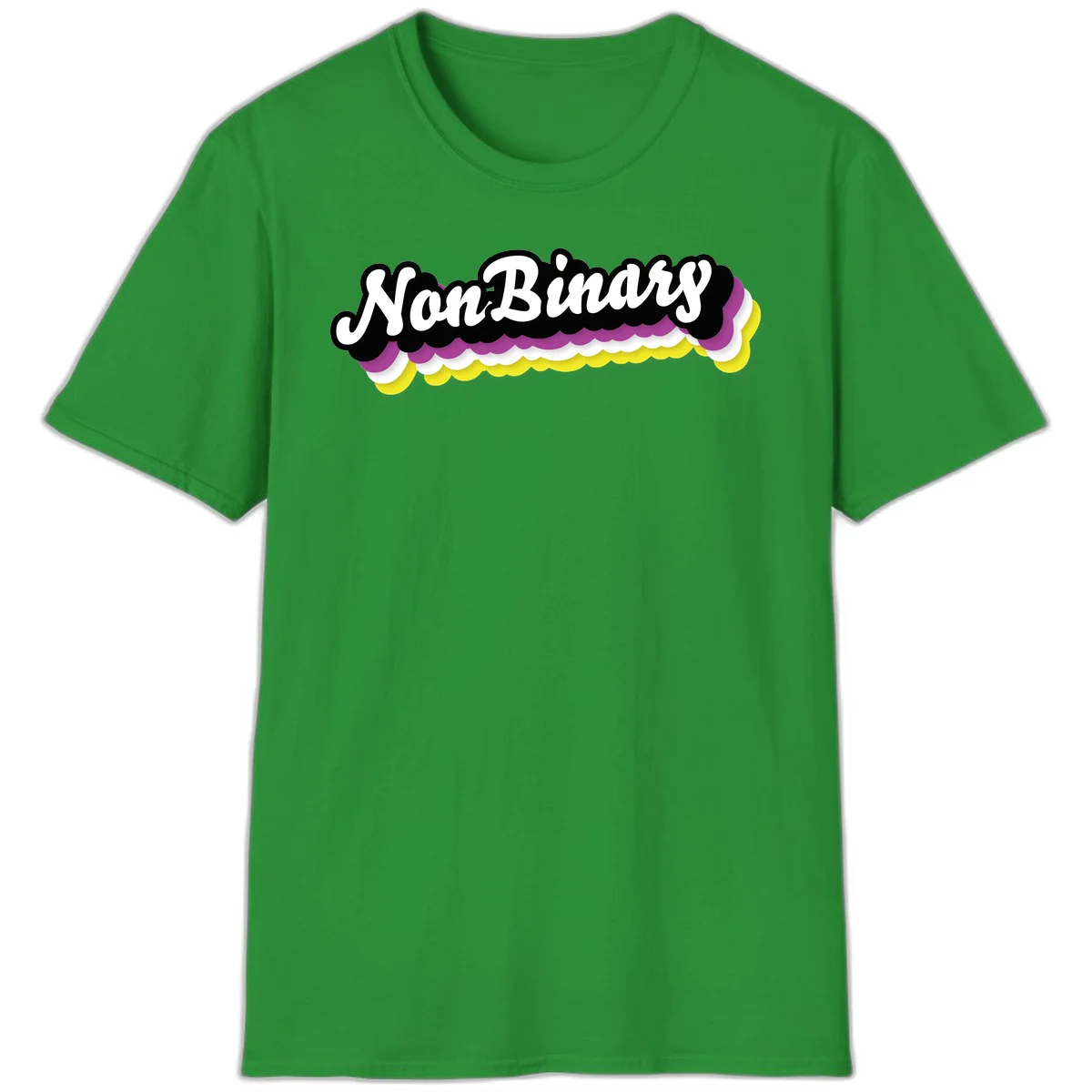 Nonbinary pride design with white script text on layered purple, white, and yellow cloud shapes in Irish Green