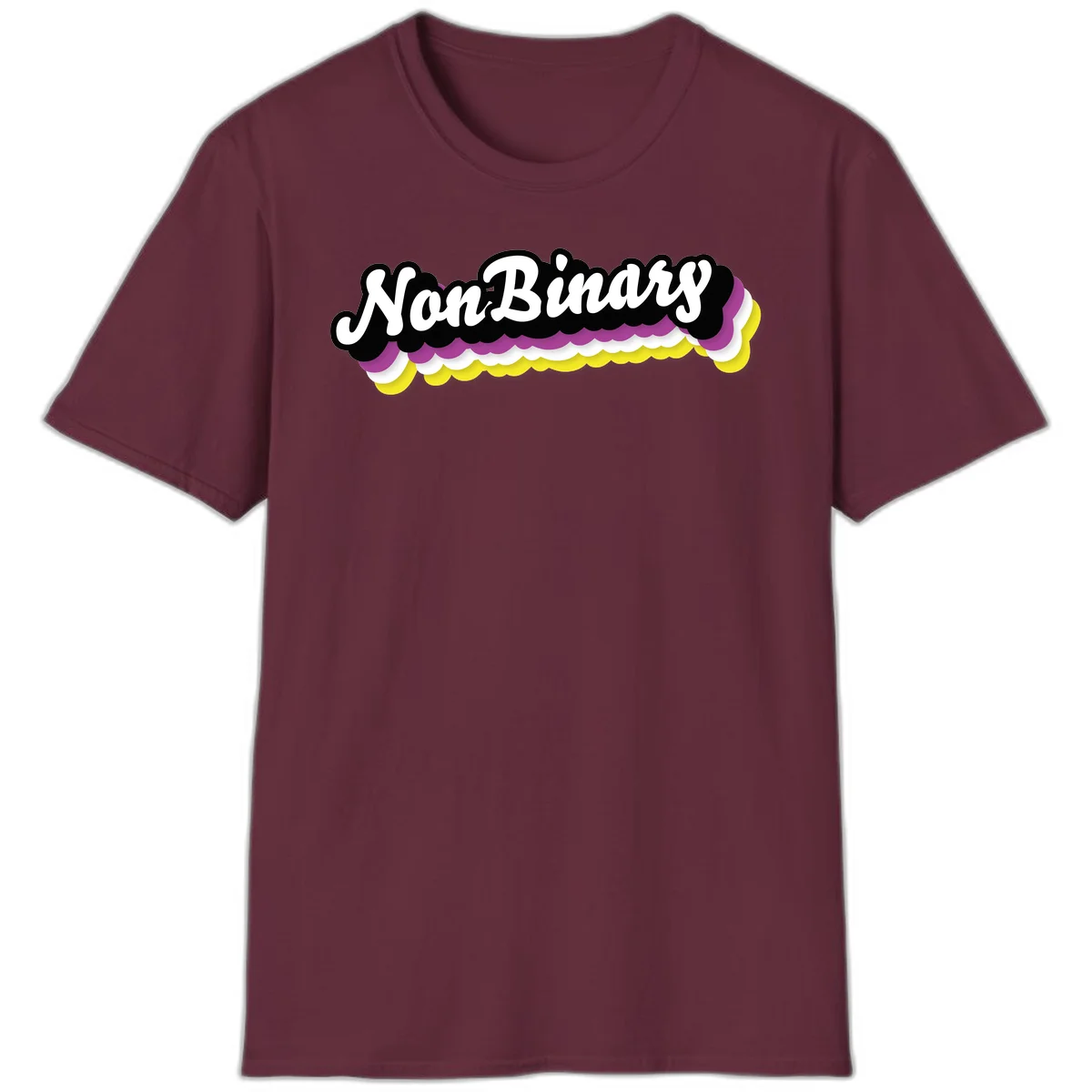Nonbinary pride design with white script text on layered purple, white, and yellow cloud shapes in Maroon
