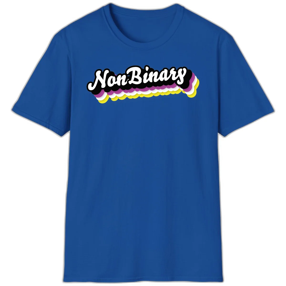 Nonbinary pride design with white script text on layered purple, white, and yellow cloud shapes in Royal