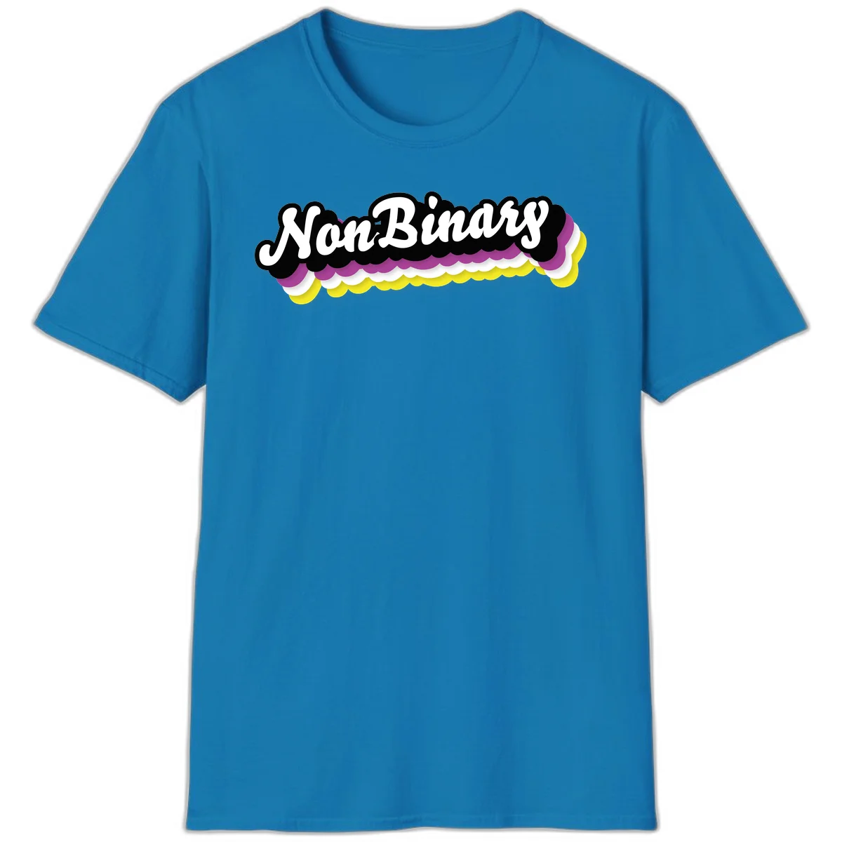 Nonbinary pride design with white script text on layered purple, white, and yellow cloud shapes in Sapphire