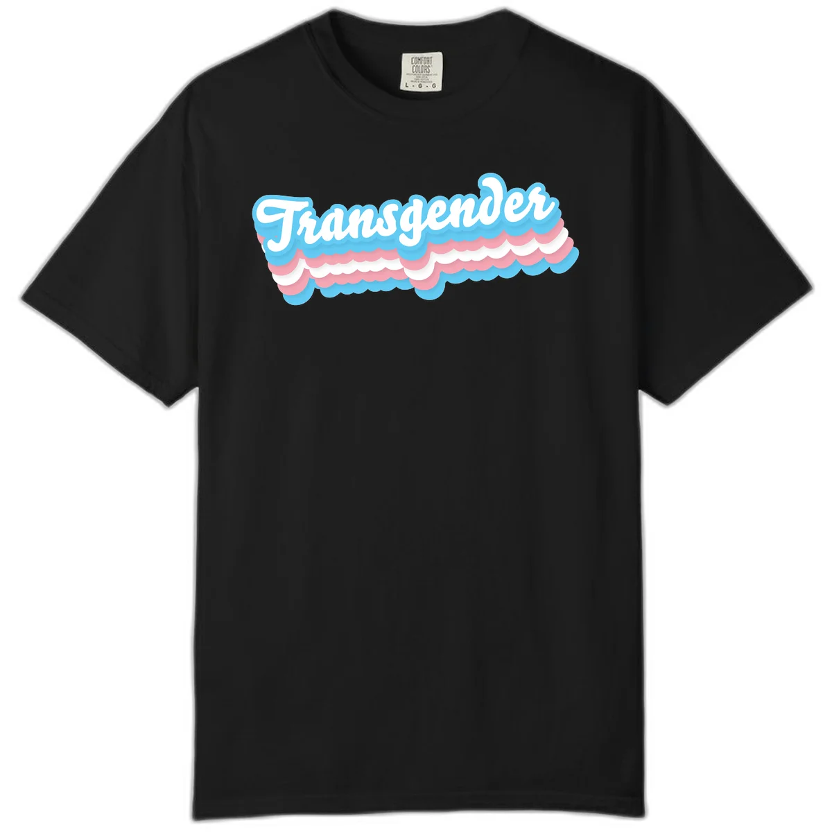 Transgender pride design with white script text surrounded by layered blue, pink, and white scalloped clouds in Black