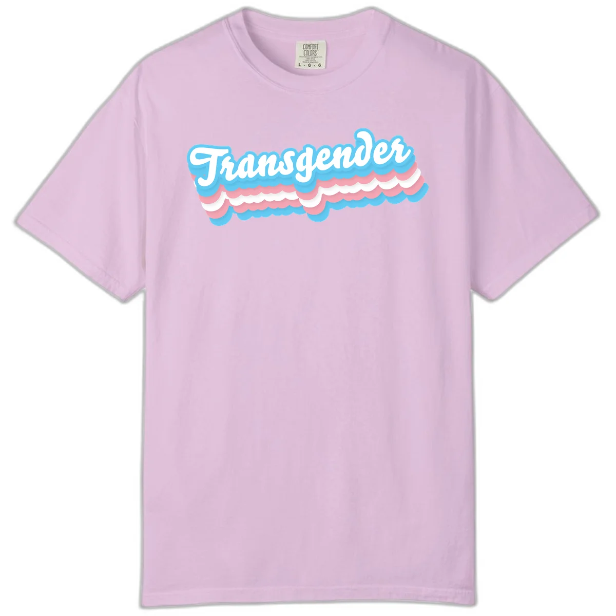 Transgender pride design with white script text surrounded by layered blue, pink, and white scalloped clouds in Orchid