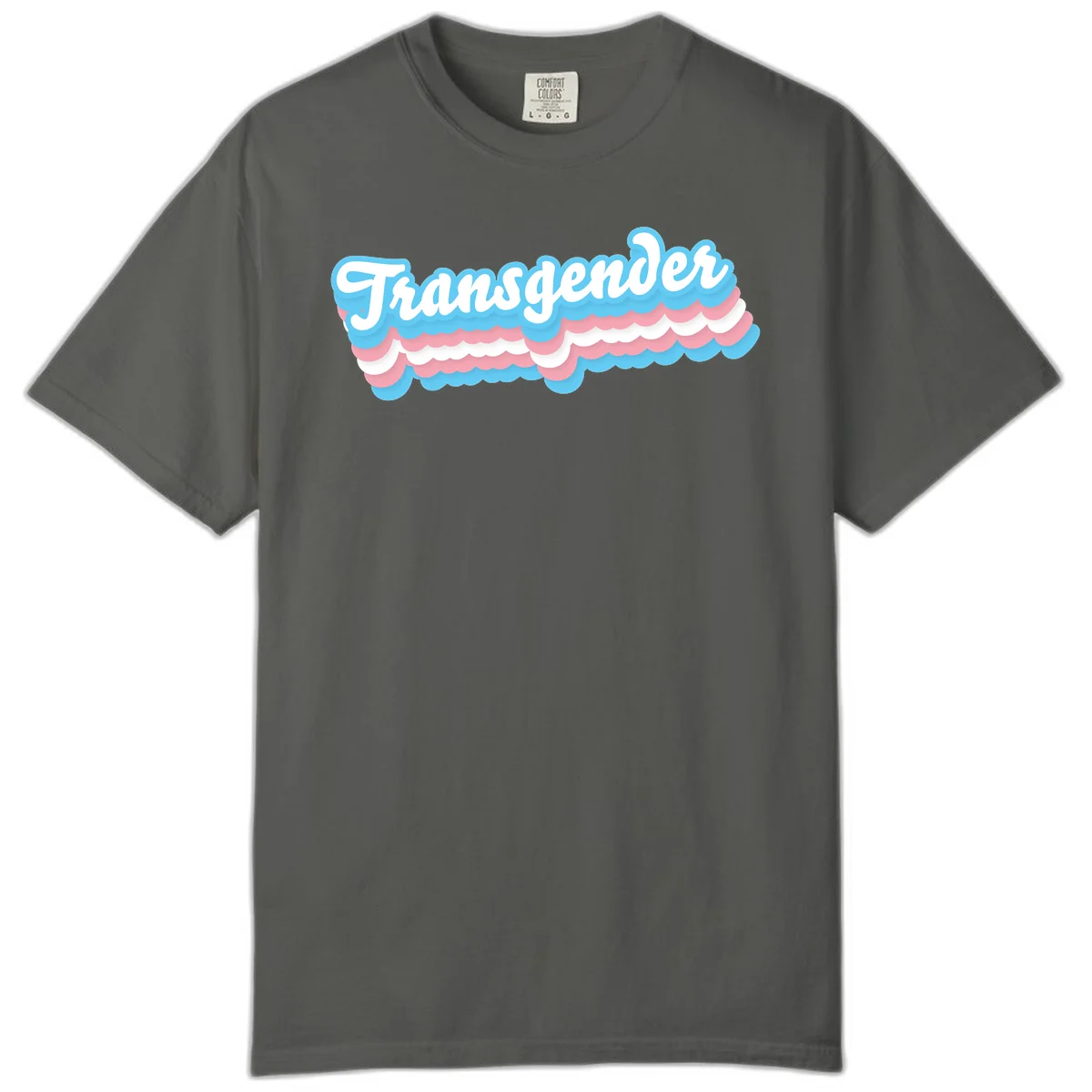 Transgender pride design with white script text surrounded by layered blue, pink, and white scalloped clouds in Pepper