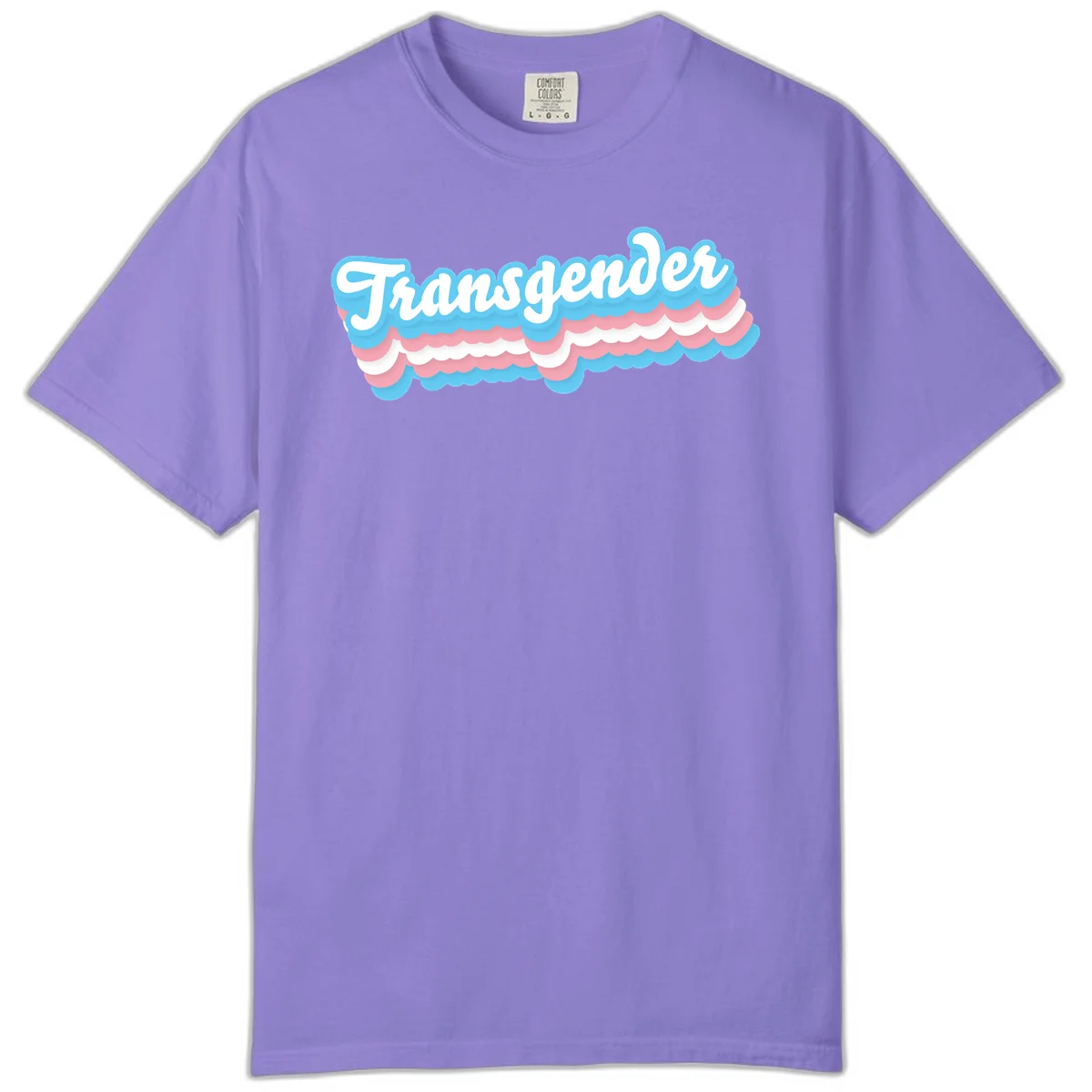 Transgender pride design with white script text surrounded by layered blue, pink, and white scalloped clouds in Violet