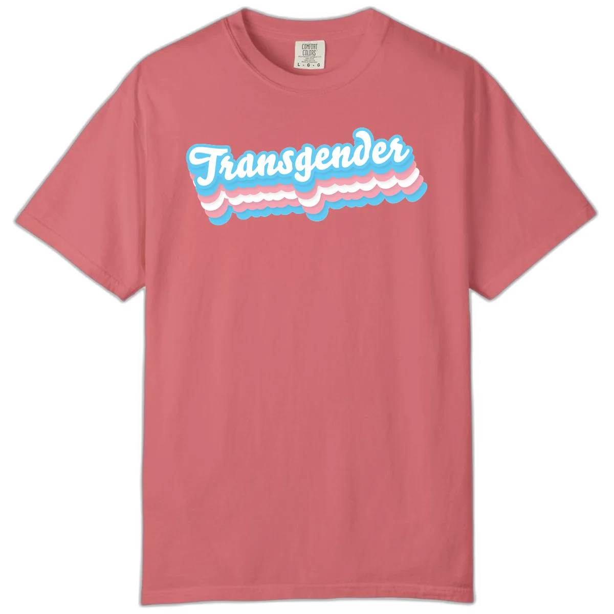 Transgender pride design with white script text surrounded by layered blue, pink, and white scalloped clouds in Watermelon