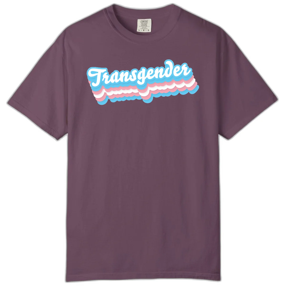 Transgender pride design with white script text surrounded by layered blue, pink, and white scalloped clouds in Berry