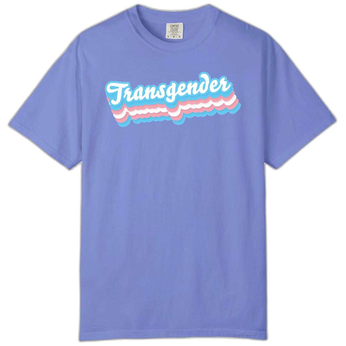 Transgender pride design with white script text surrounded by layered blue, pink, and white scalloped clouds in Flo Blue