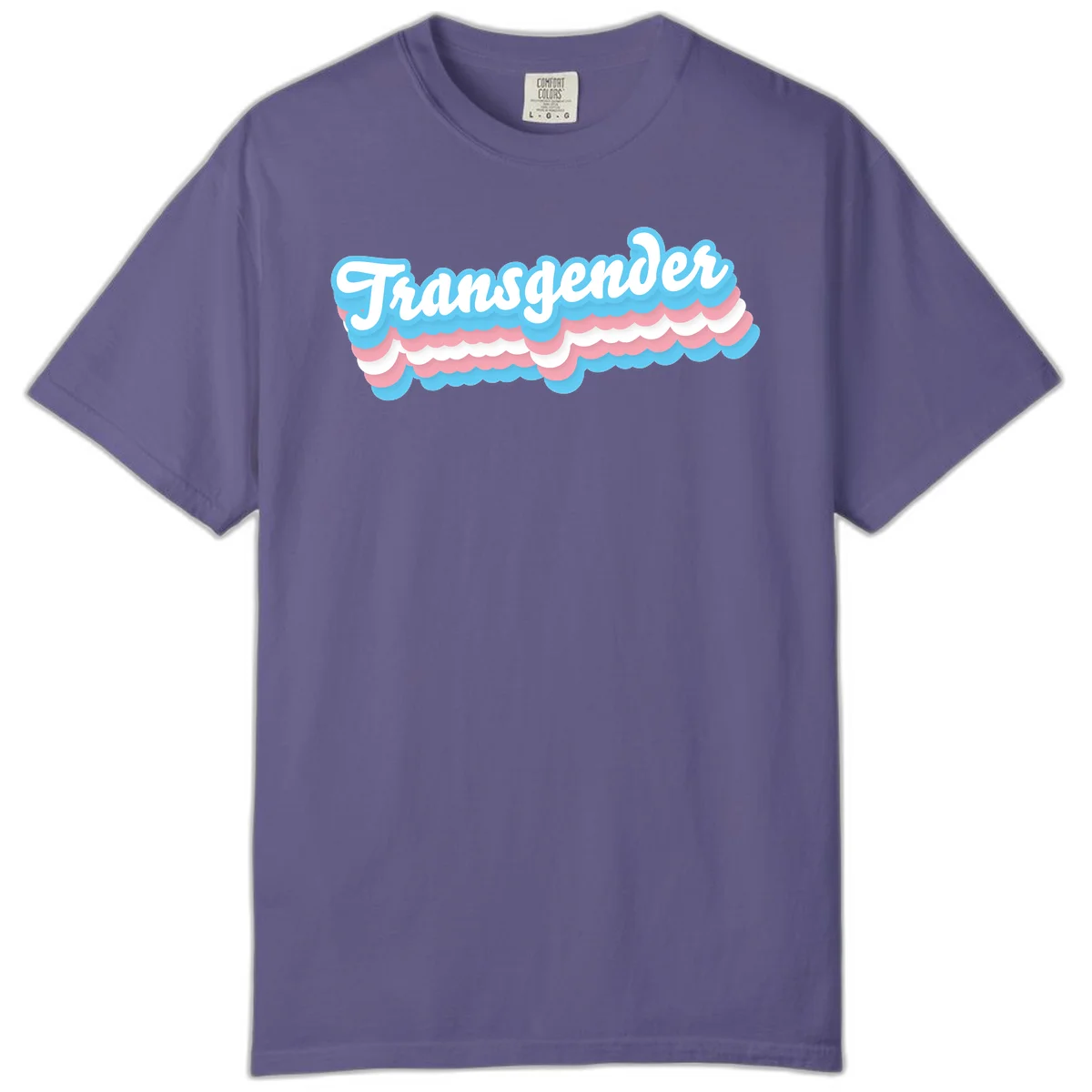 Transgender pride design with white script text surrounded by layered blue, pink, and white scalloped clouds in Grape