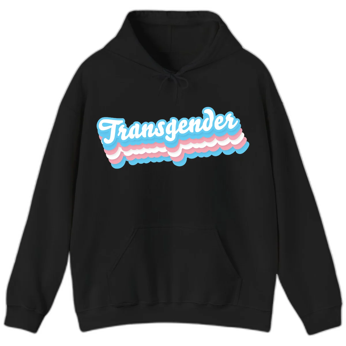 Transgender pride design with white script text surrounded by layered blue, pink, and white scalloped clouds in Black