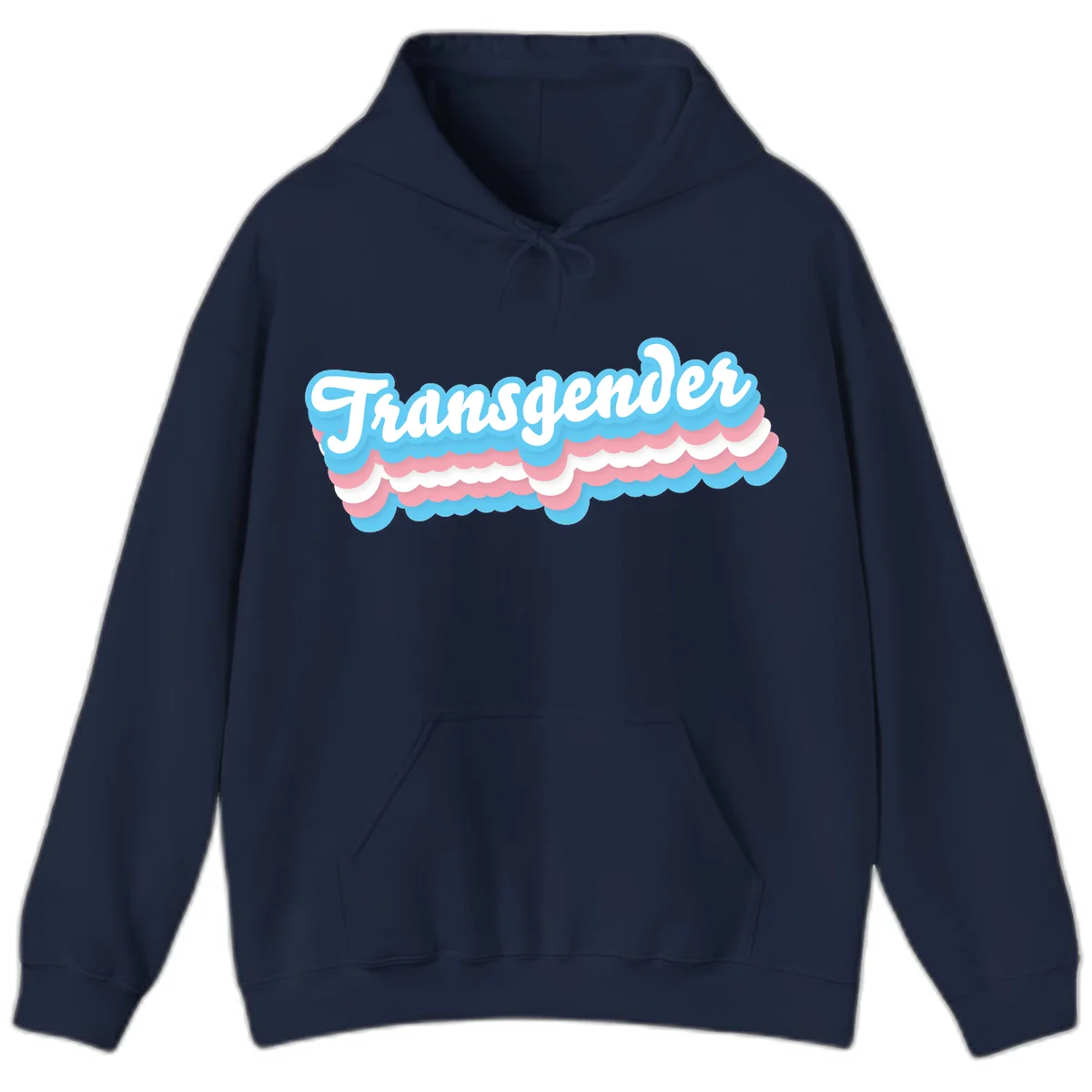 Transgender pride design with white script text surrounded by layered blue, pink, and white scalloped clouds in Navy