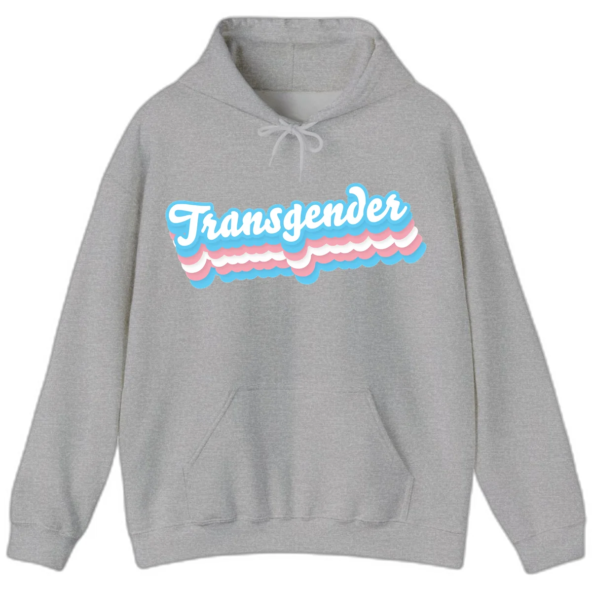 Transgender pride design with white script text surrounded by layered blue, pink, and white scalloped clouds in Sport Grey