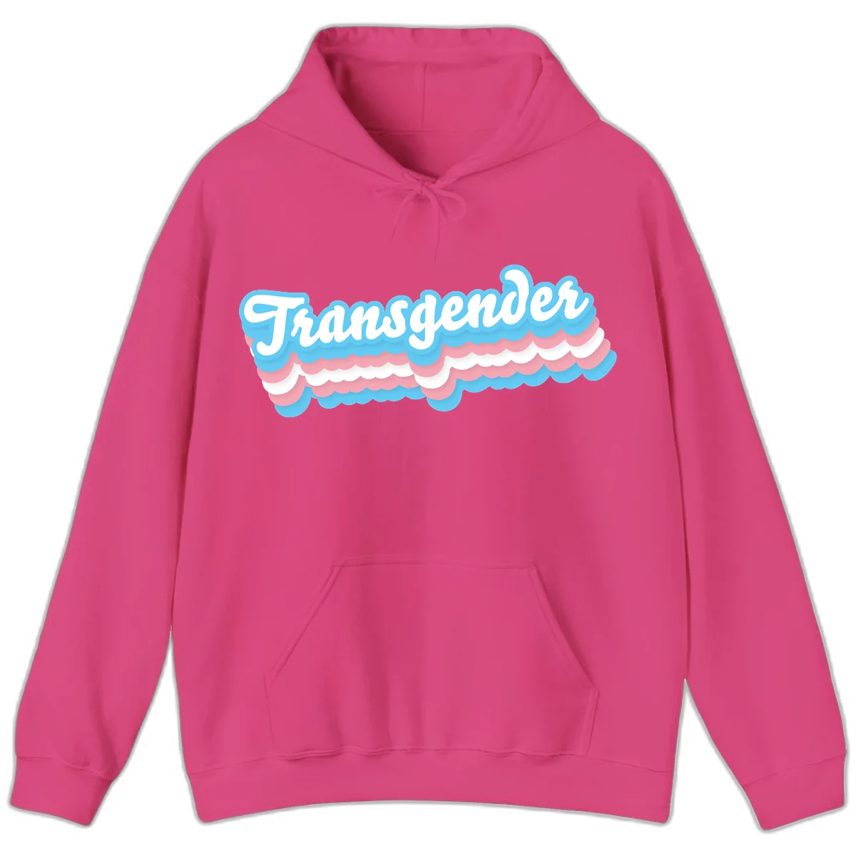 Transgender pride design with white script text surrounded by layered blue, pink, and white scalloped clouds in Heliconia
