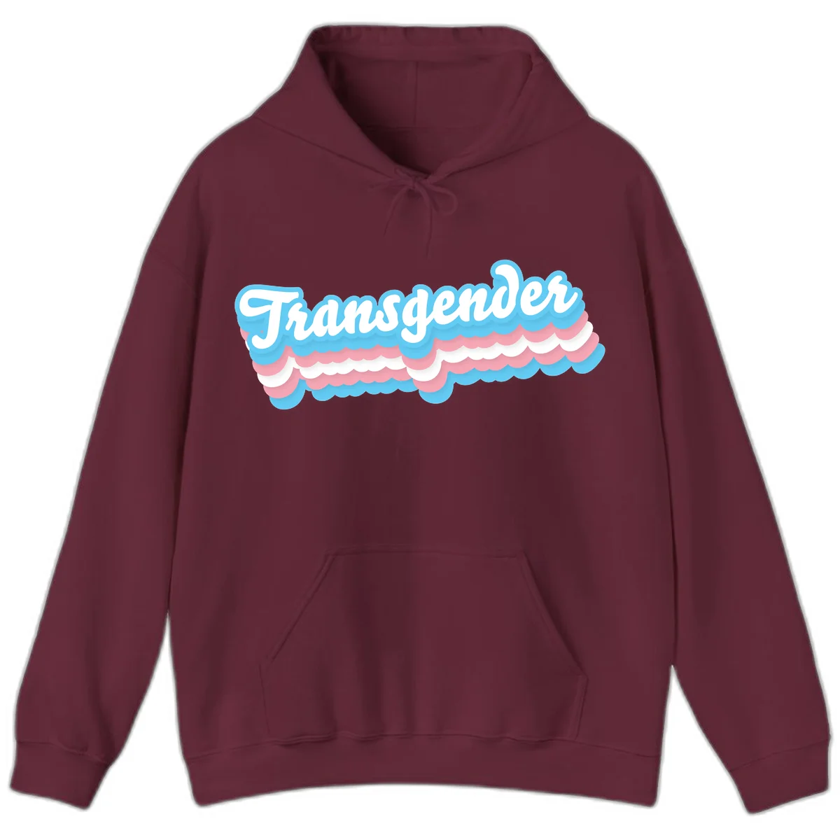 Transgender pride design with white script text surrounded by layered blue, pink, and white scalloped clouds in Maroon