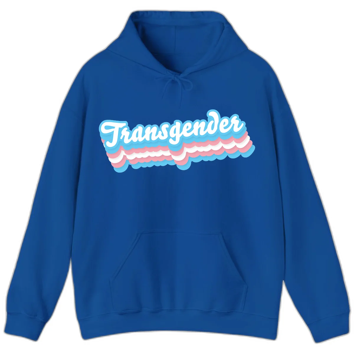 Transgender pride design with white script text surrounded by layered blue, pink, and white scalloped clouds in Royal