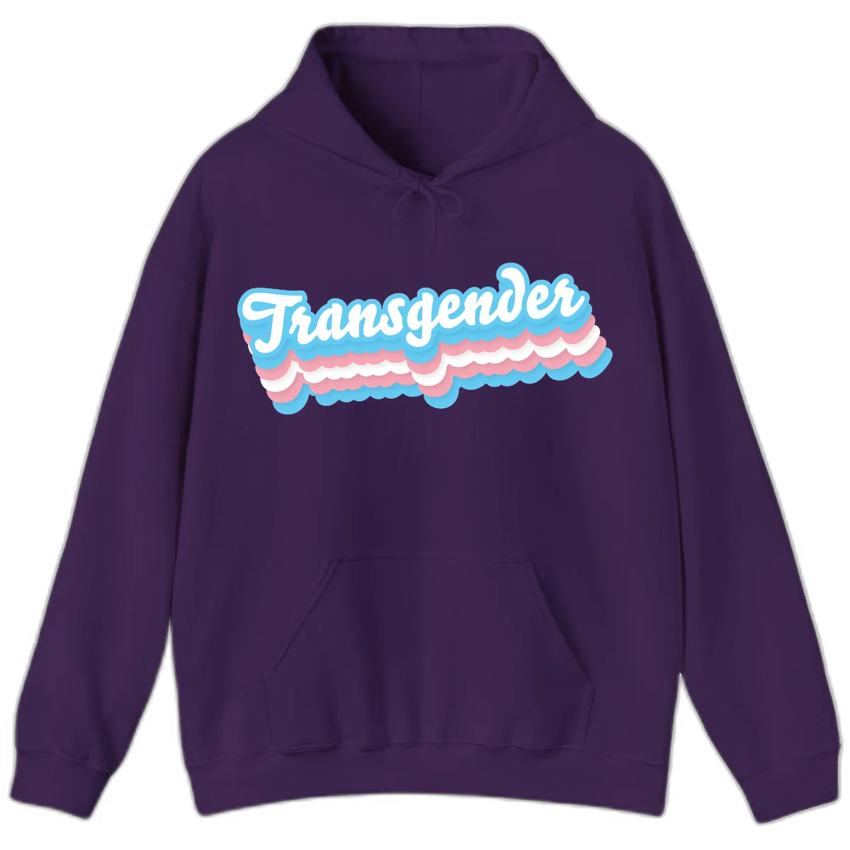 Transgender pride design with white script text surrounded by layered blue, pink, and white scalloped clouds in Purple