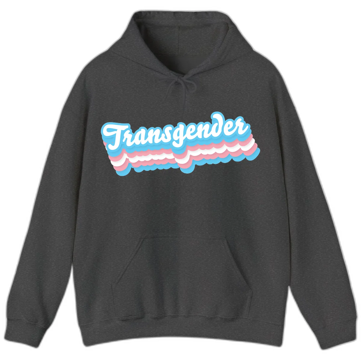 Transgender pride design with white script text surrounded by layered blue, pink, and white scalloped clouds in Dark Heather