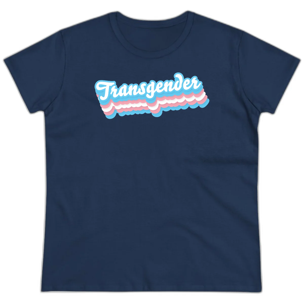 Transgender pride design with white script text surrounded by layered blue, pink, and white scalloped clouds in Navy