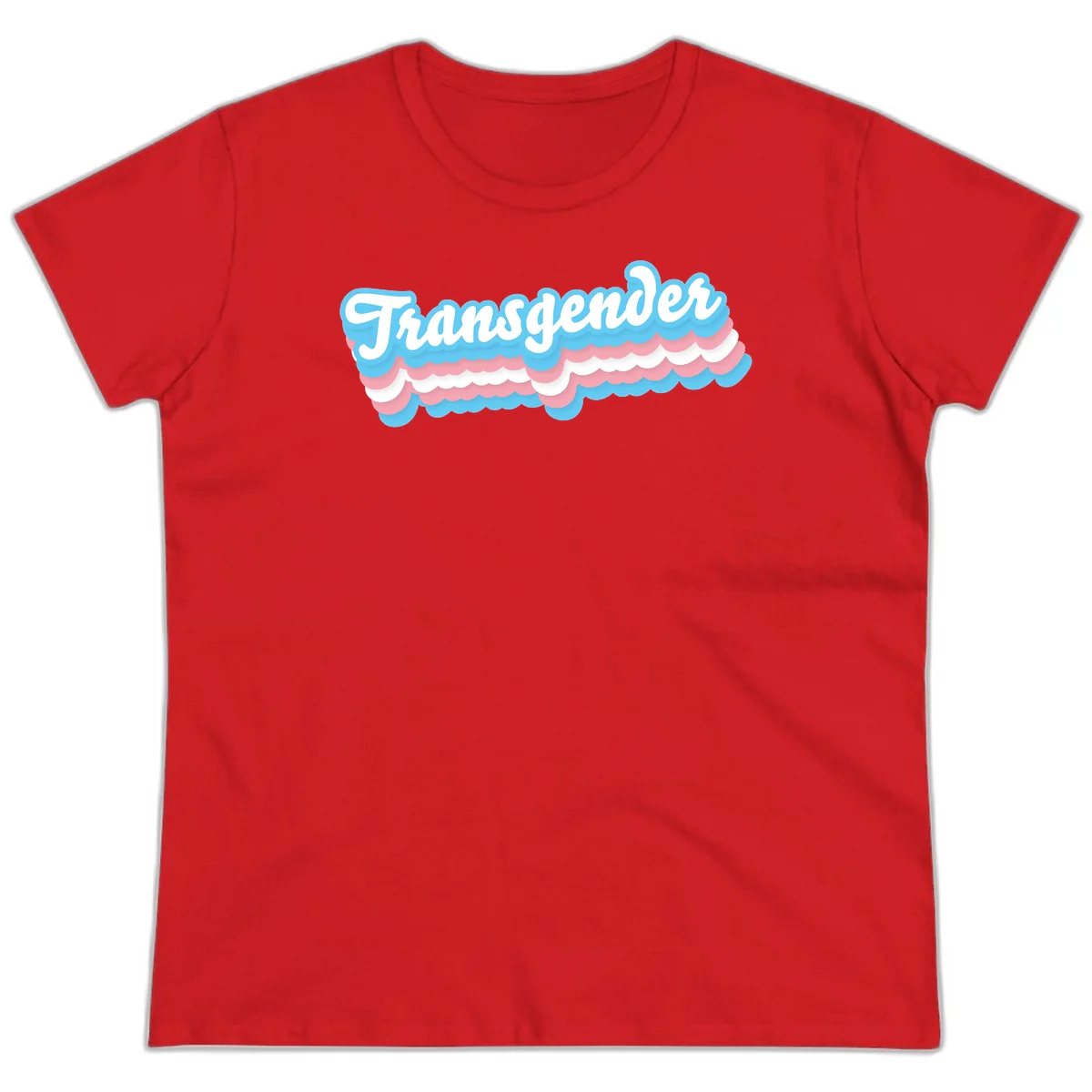 Transgender pride design with white script text surrounded by layered blue, pink, and white scalloped clouds in Red